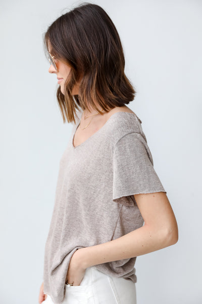 Knit V-Neck Tee in taupe side view