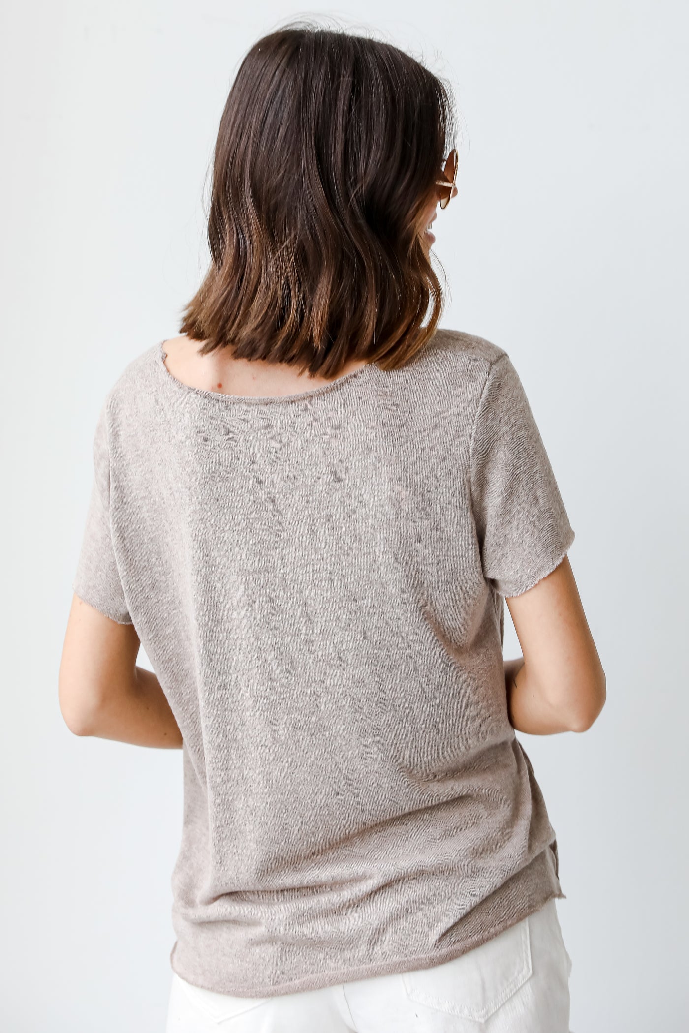 Knit V-Neck Tee in taupe back view