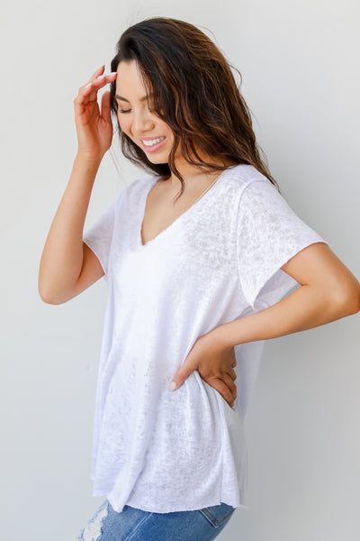 Knit V-Neck Tee in white side view