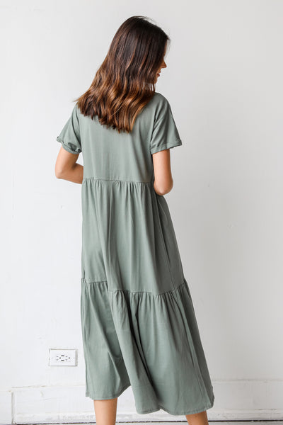 Tiered Midi Dress in sage back view