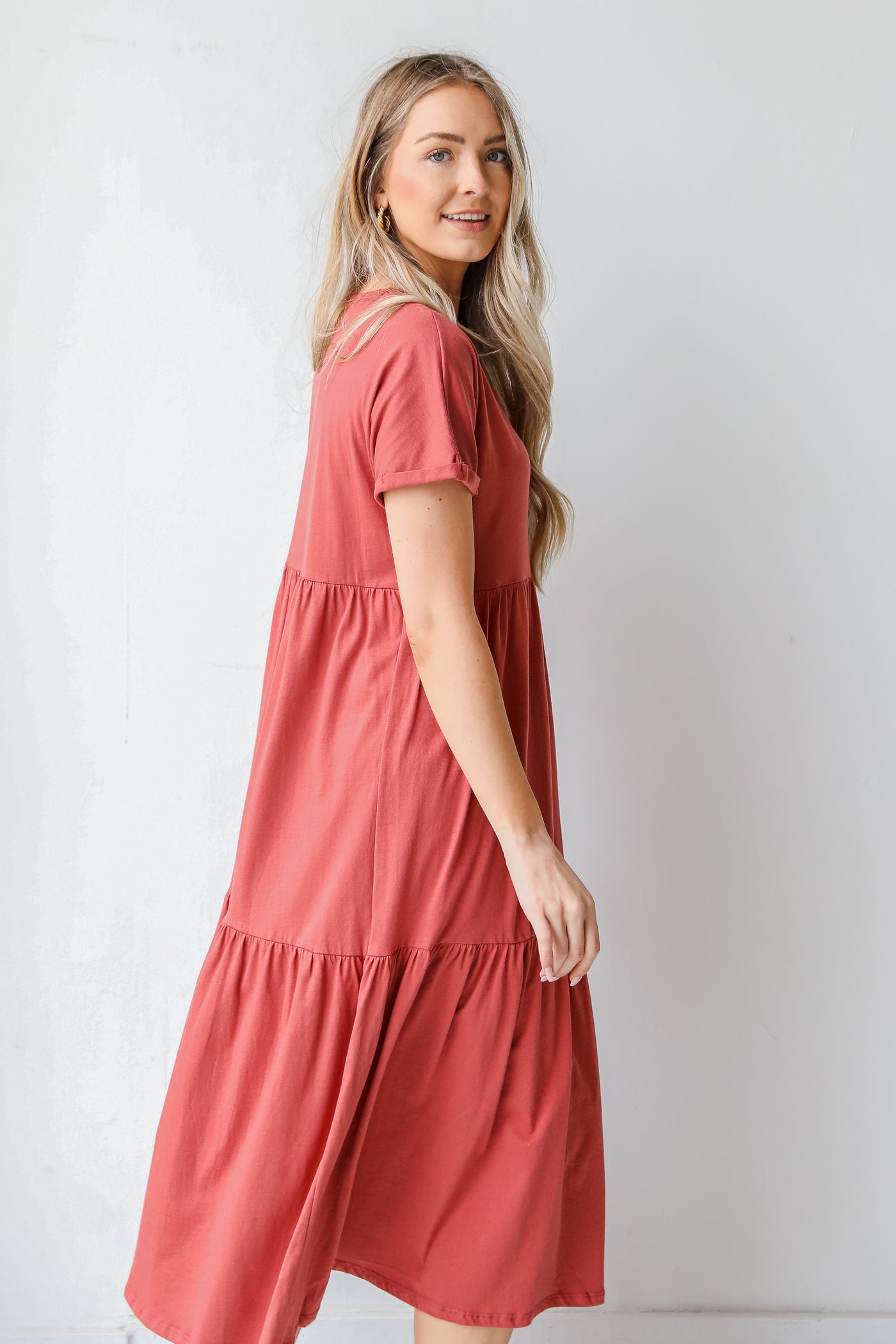 Tiered Midi Dress in marsala side view