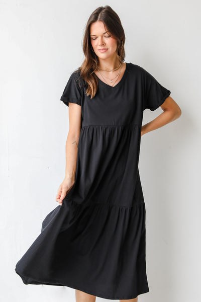 Tiered Midi Dress in black front view