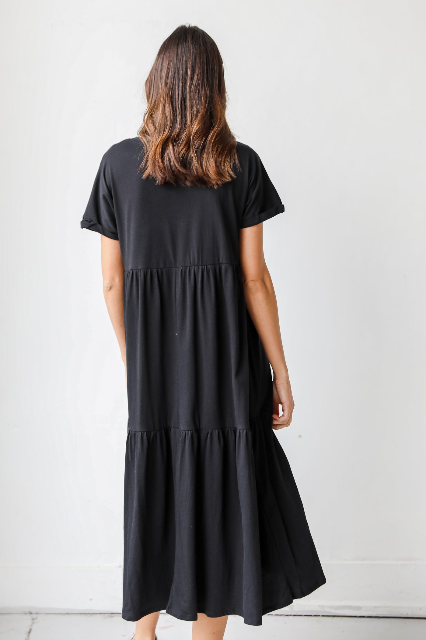 Tiered Midi Dress in black back view
