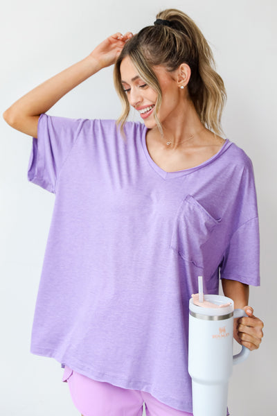 purple oversized basic Pocket Tee on model