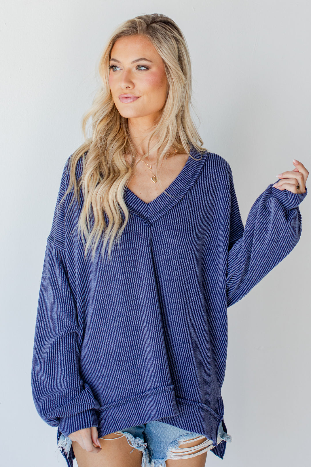 Corded Pullover in navy front view