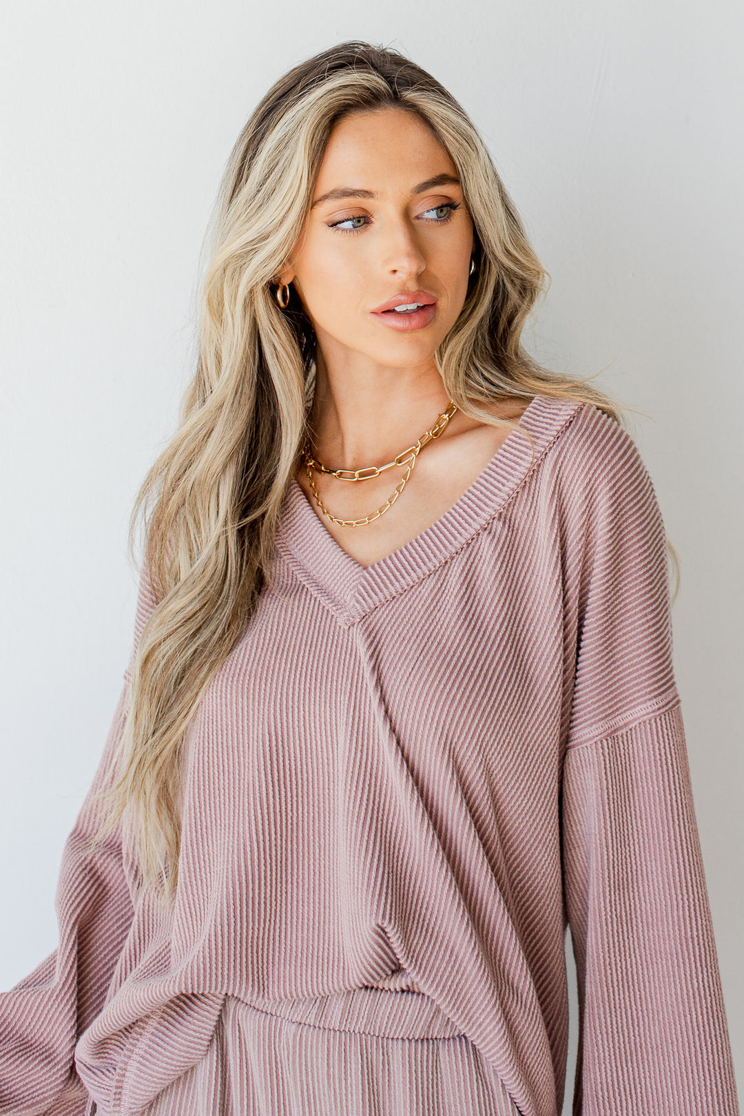 Corded Pullover in blush on model