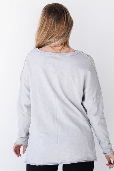 grey v-neck long sleeve tee back view