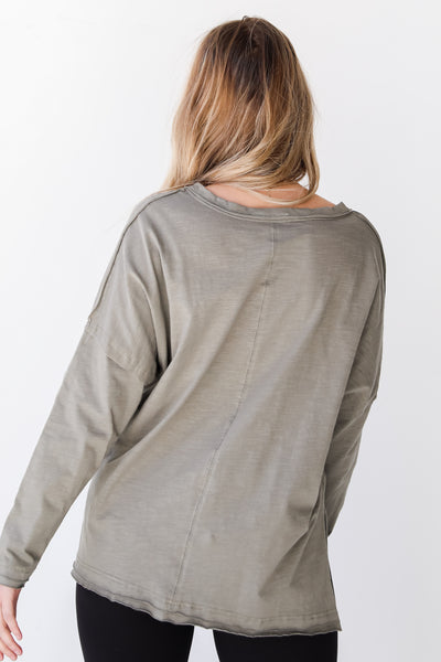 green v-neck long sleeve tee back view