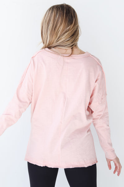 pink v-neck long sleeve tee back view