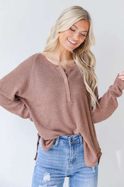 Waffle Knit Henley Top in mocha front view