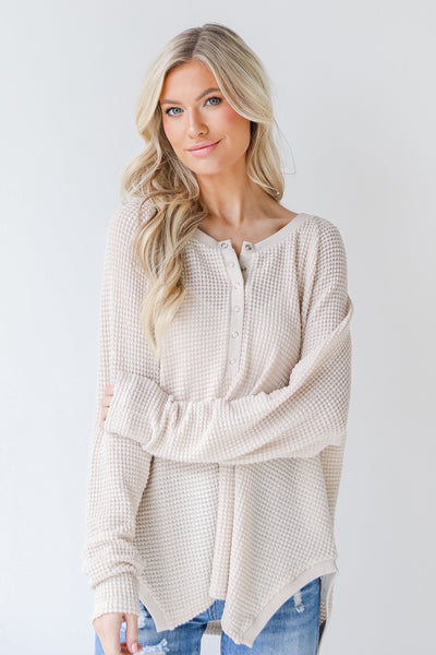 Waffle Knit Henley Top in ivory front view