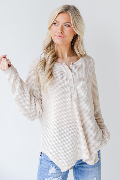 Waffle Knit Henley Top in ivory