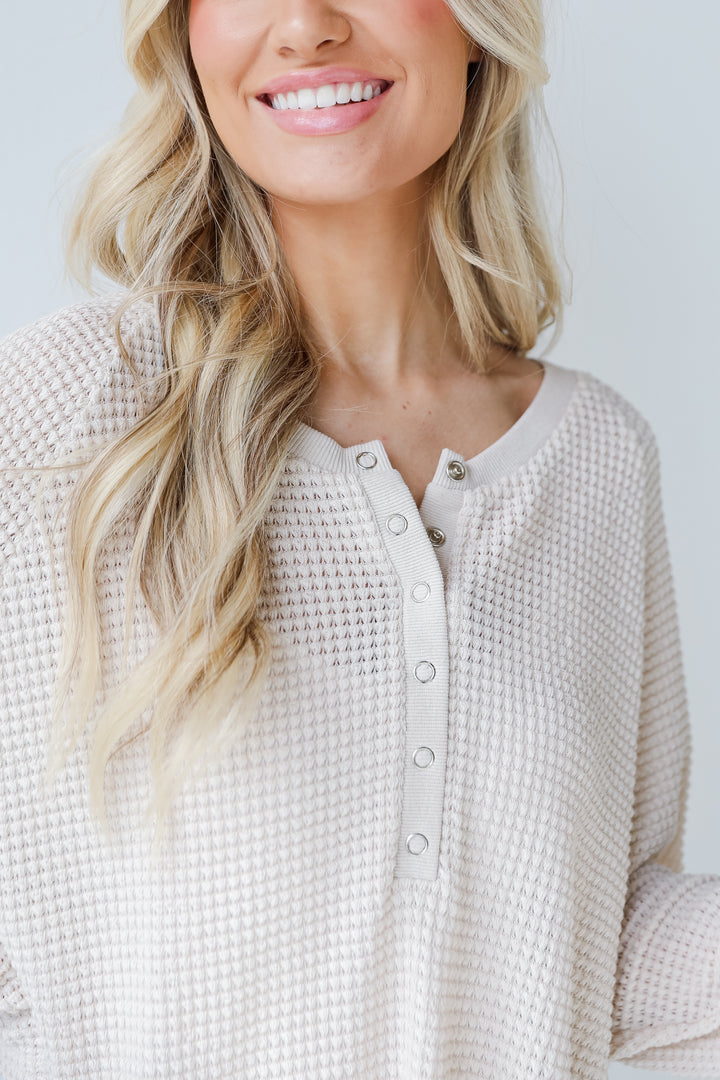 Waffle Knit Henley Top in ivory close up