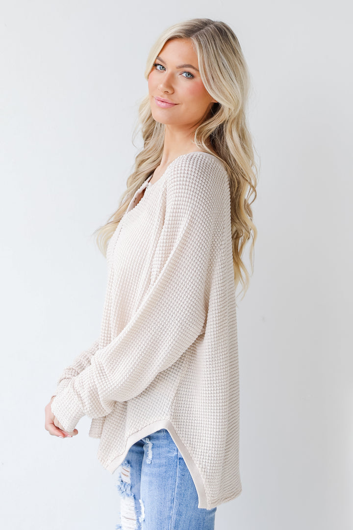 Waffle Knit Henley Top in ivory side view