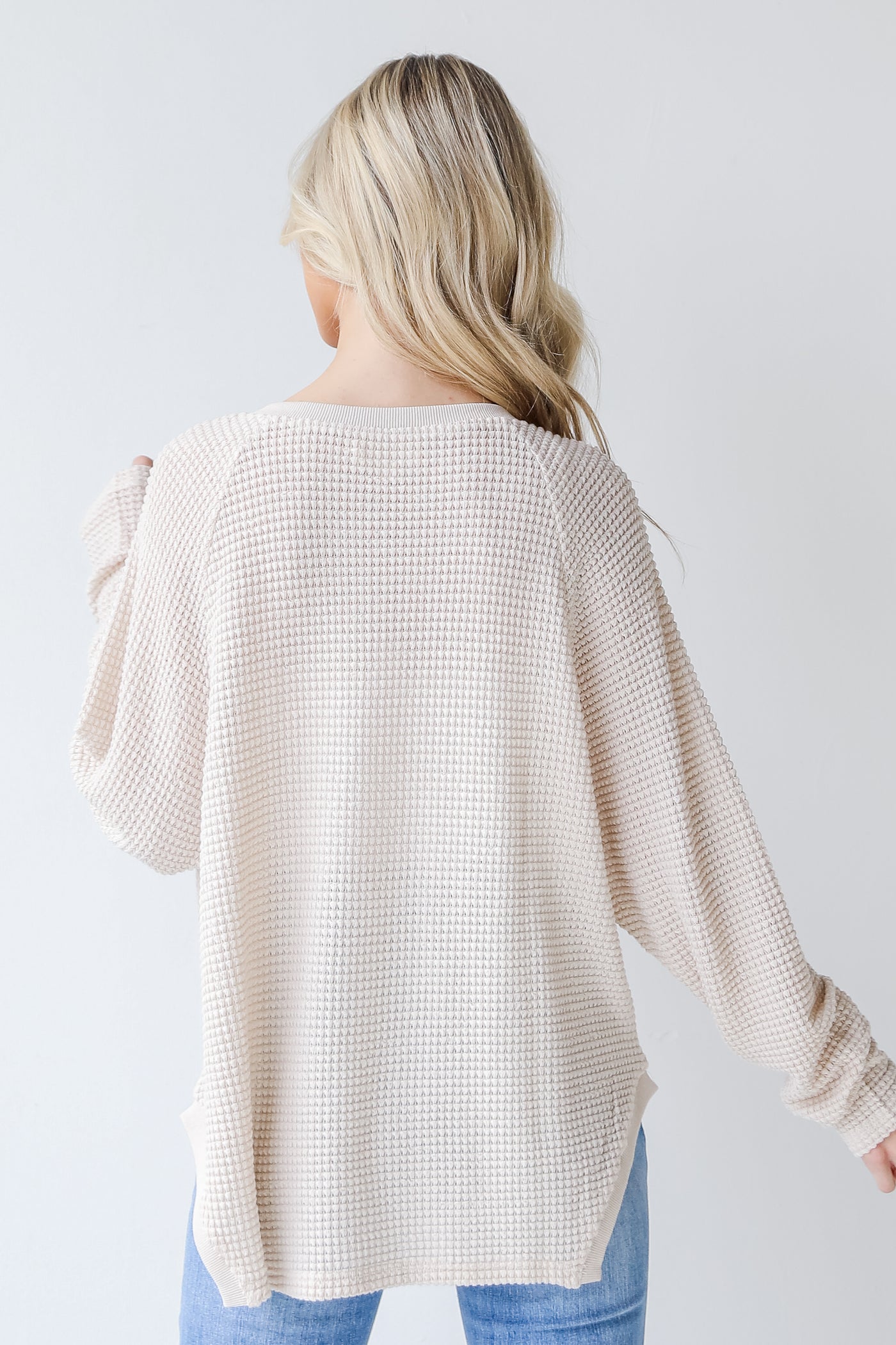 Waffle Knit Henley Top in ivory back view