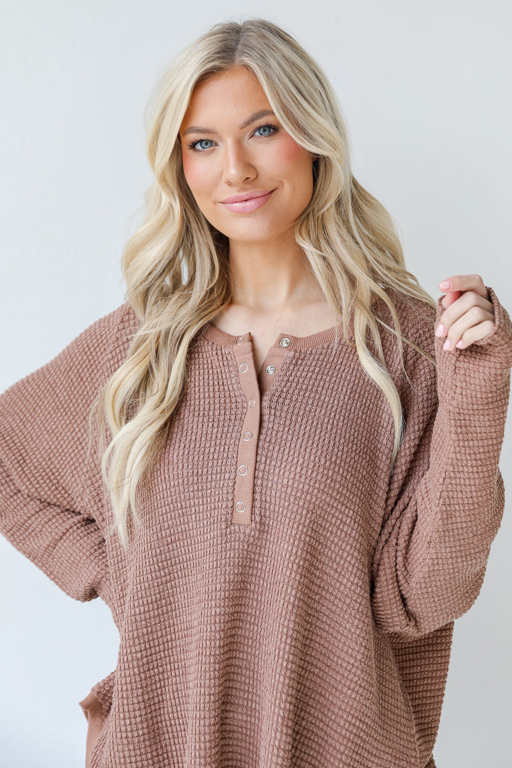Waffle Knit Henley Top in mocha close up