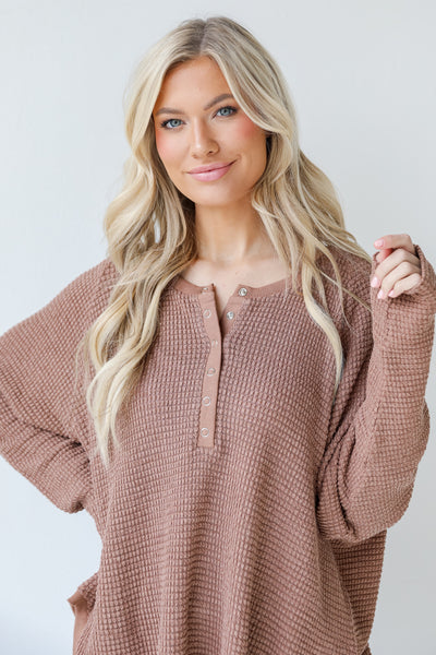 Waffle Knit Henley Top in mocha close up