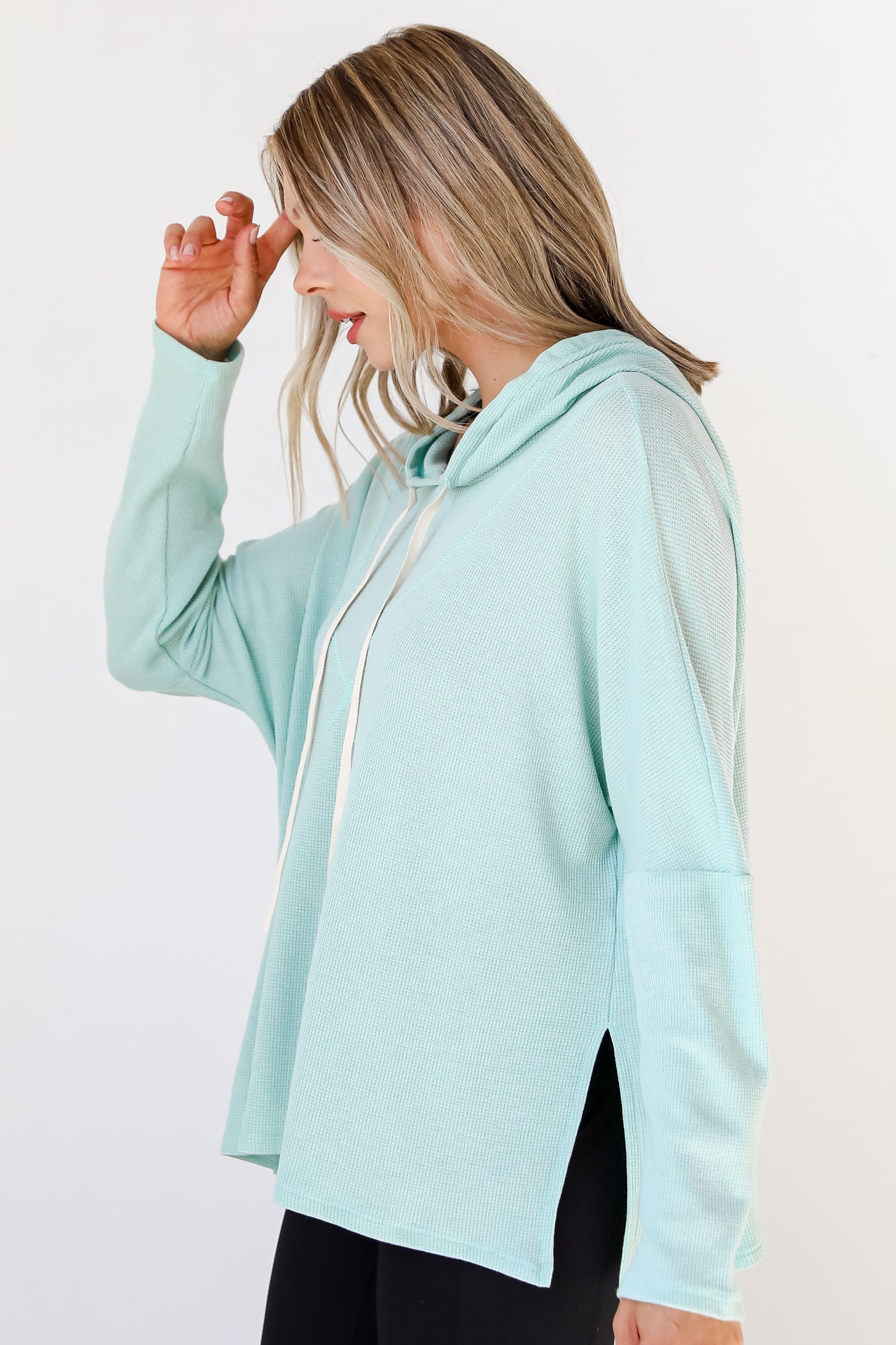 mint Waffle Knit Hoodie side view
