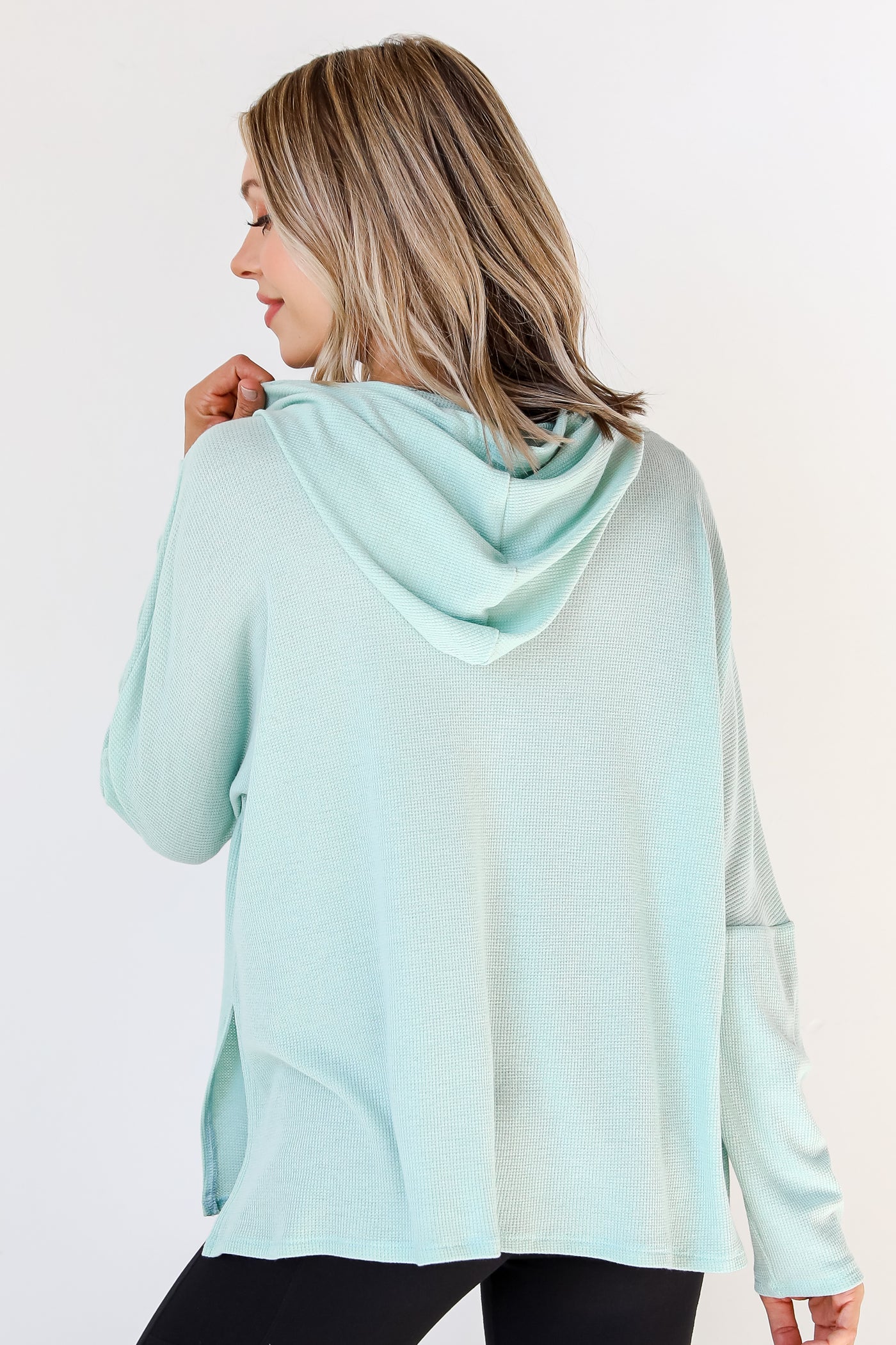 mint Waffle Knit Hoodie back view