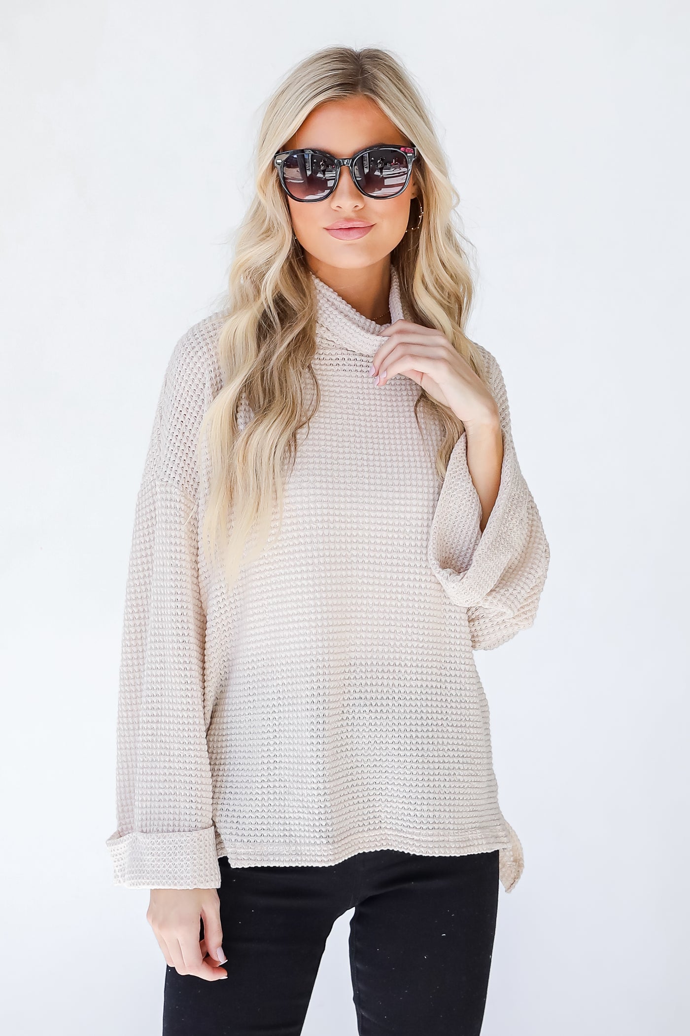 Waffle Knit Top in taupe front view