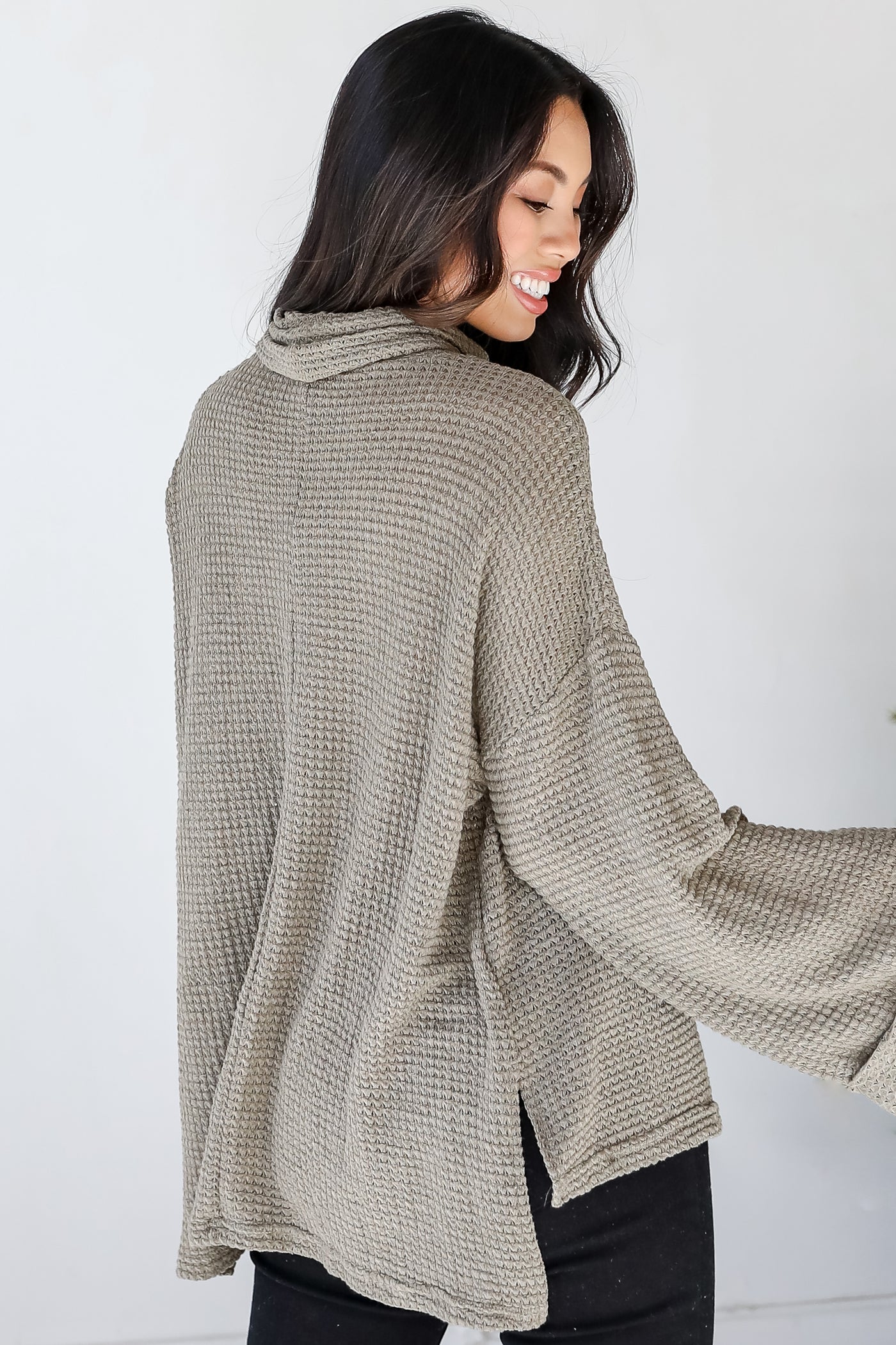 Waffle Knit Top in olive back view