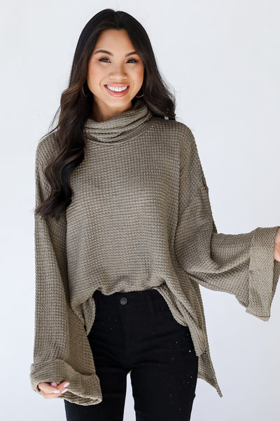 Waffle Knit Top in olive front view