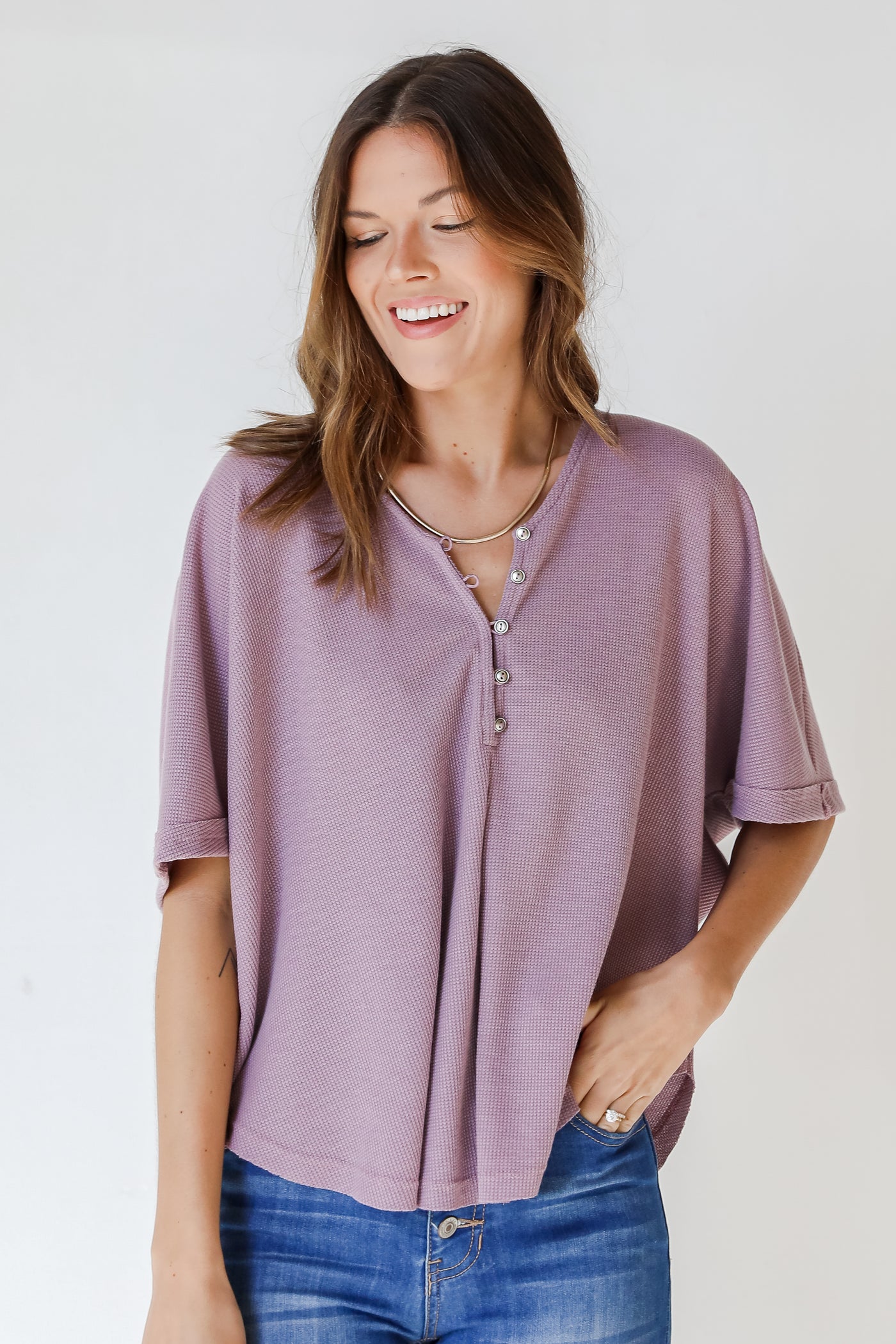 model wearing Waffle Knit Top in lavender