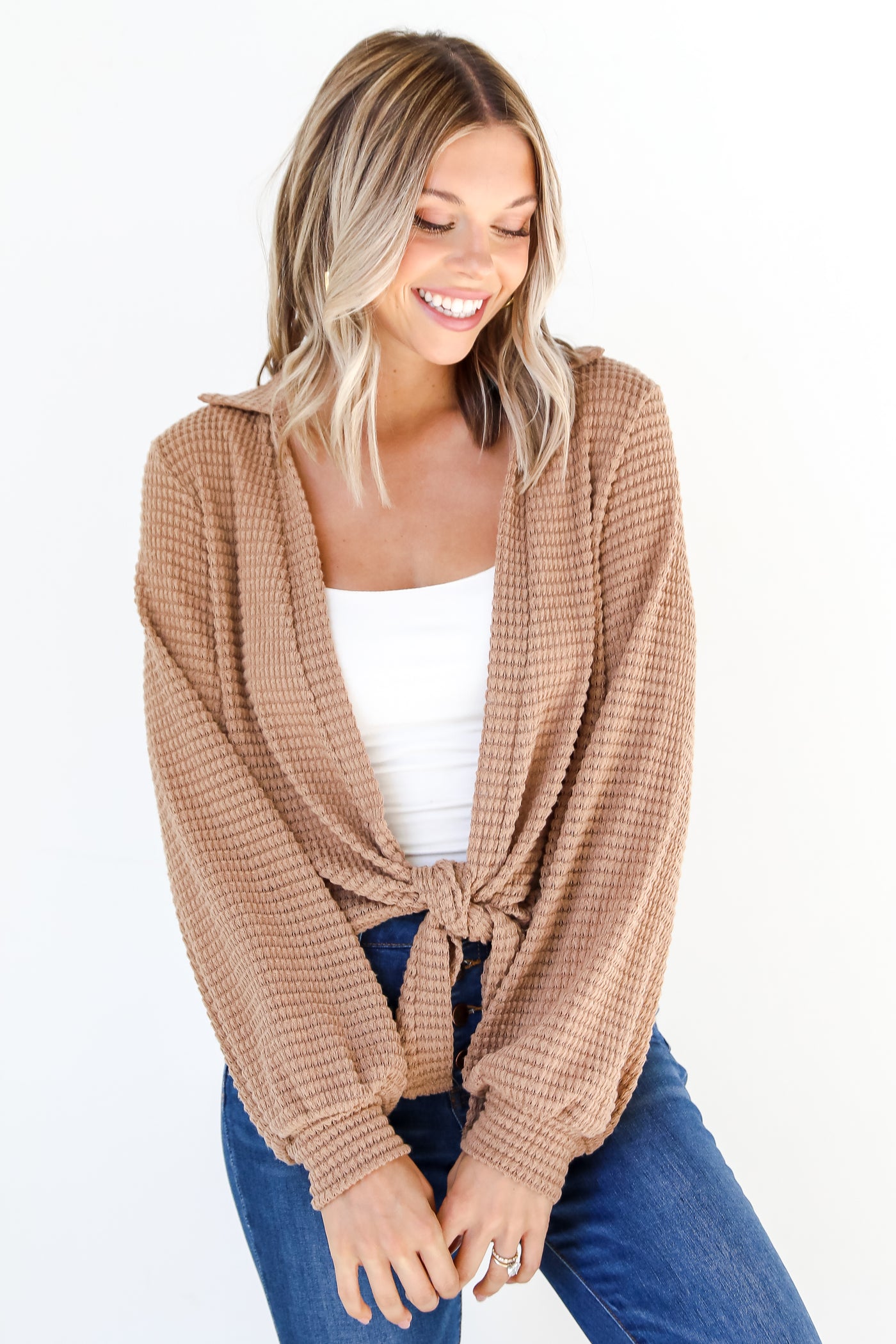 Waffle Knit Tie-Front Top on model