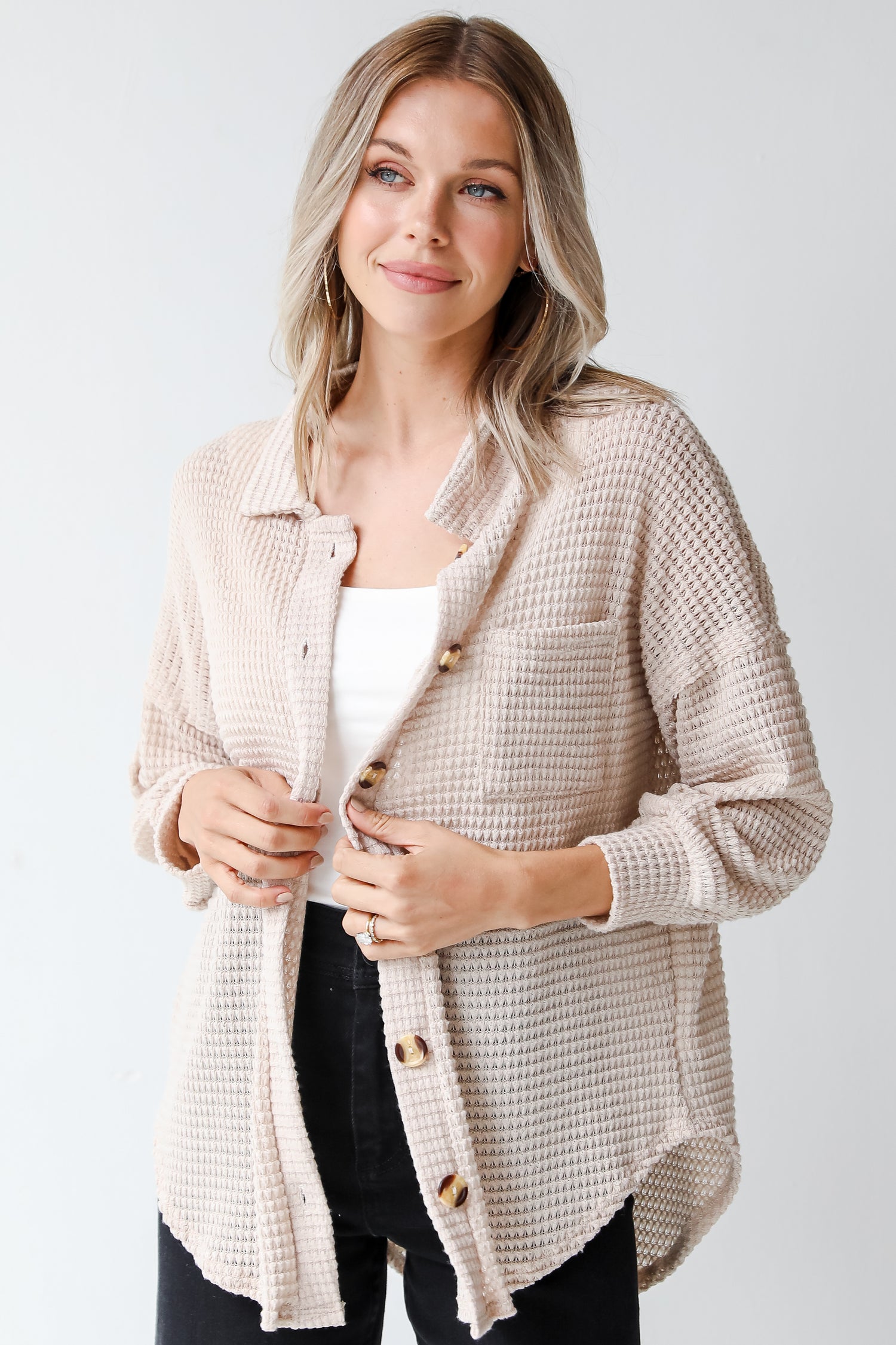 tan waffle knit top front view