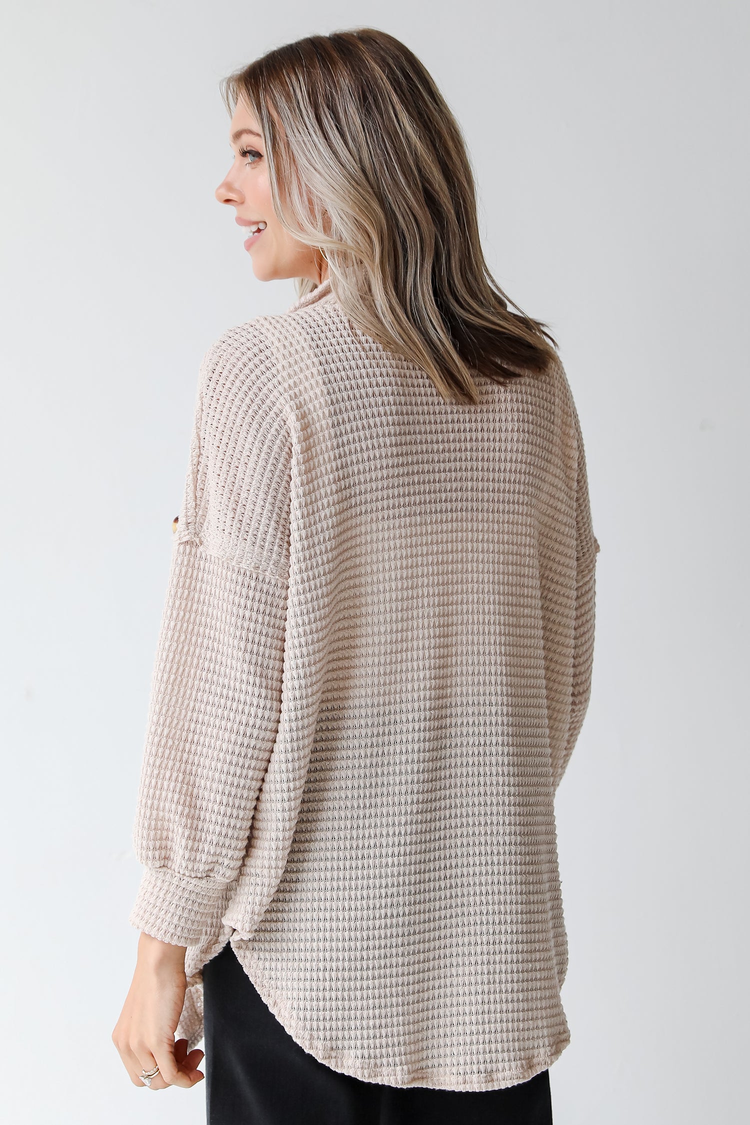 tan waffle knit top back view