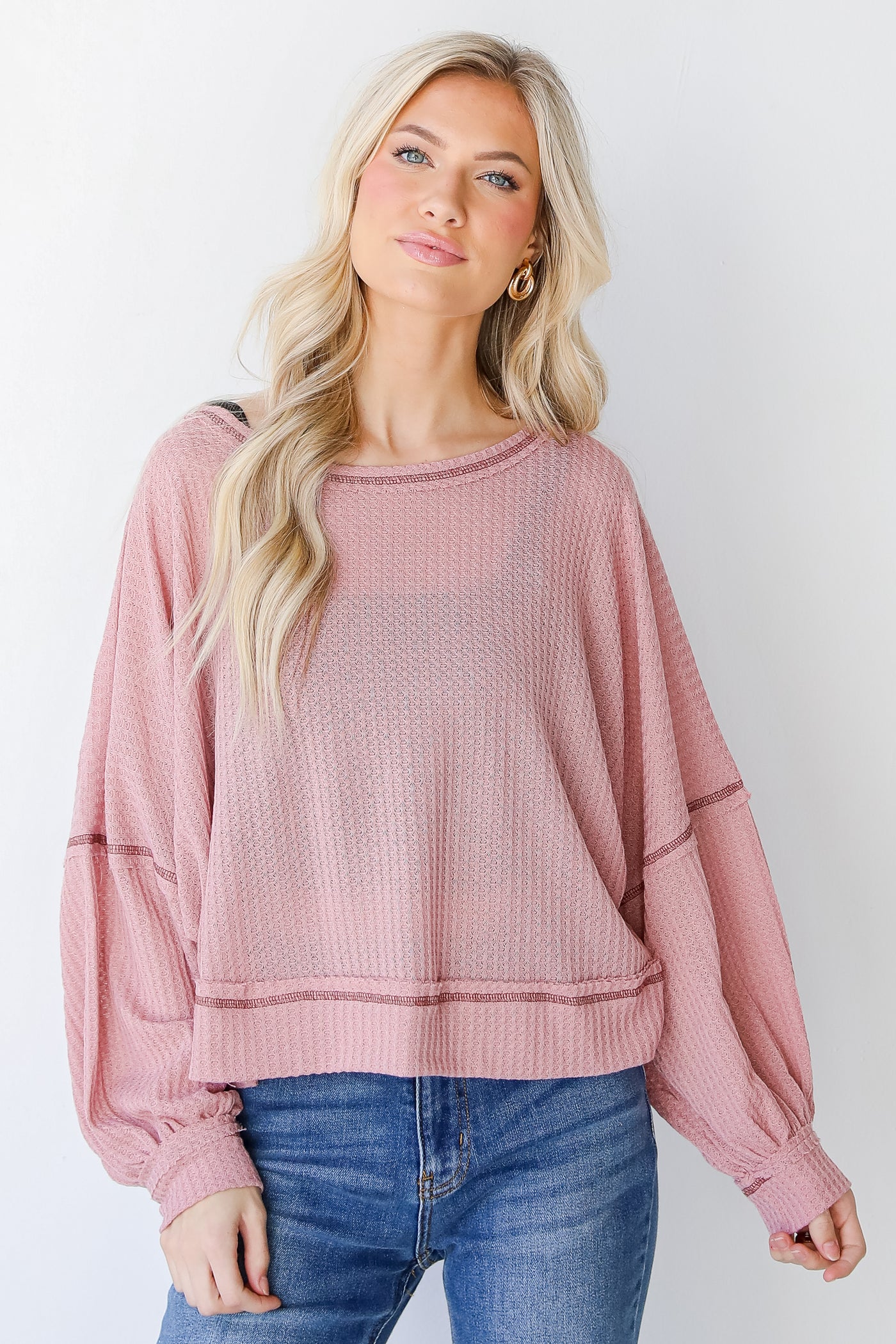 Waffle Knit Top in blush front view
