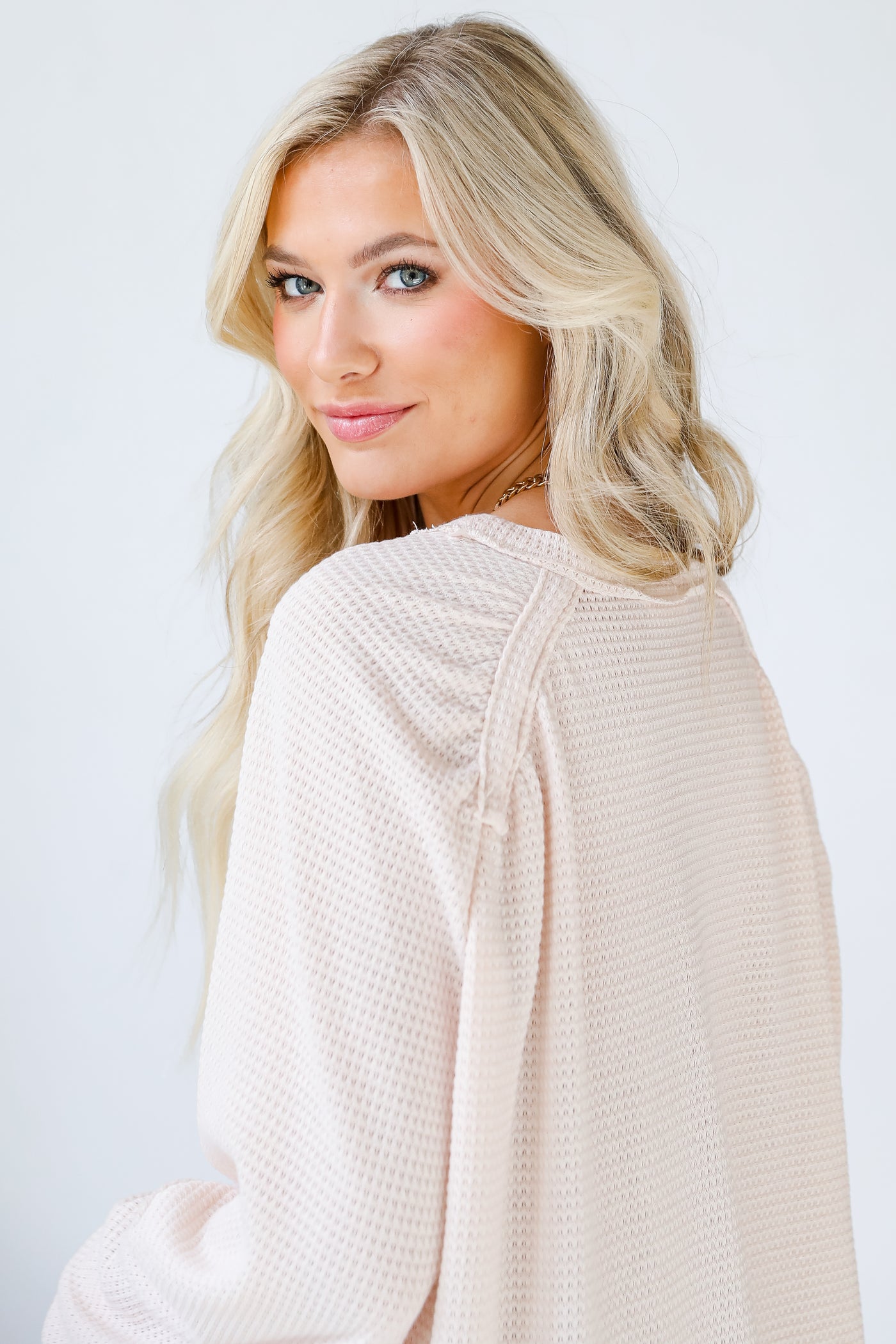 Waffle Knit Top in ivory side view