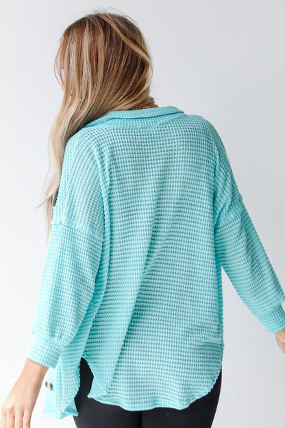 blue waffle knit top back view