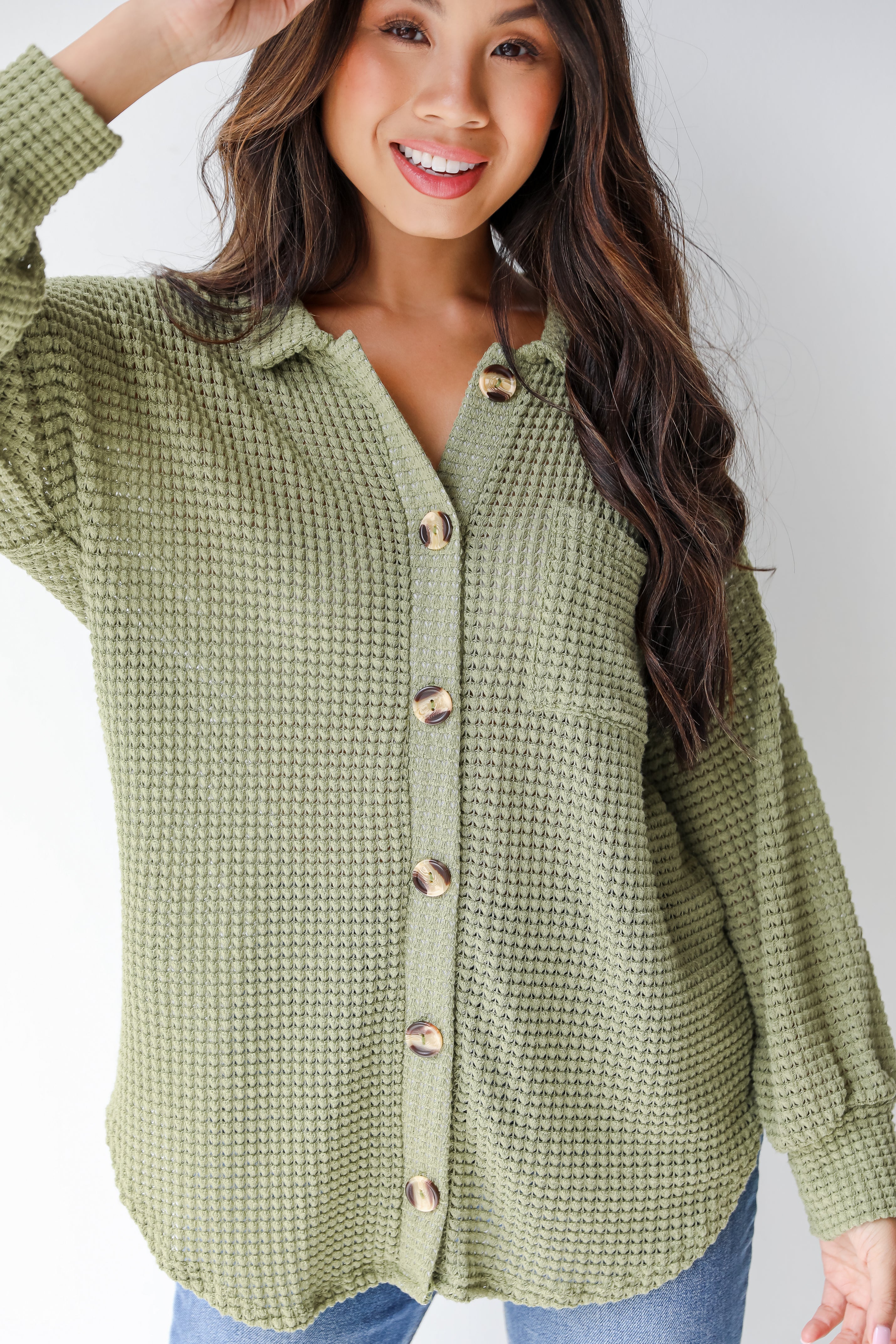 green waffle knit top front view