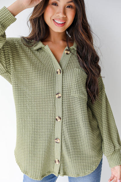 green waffle knit top front view