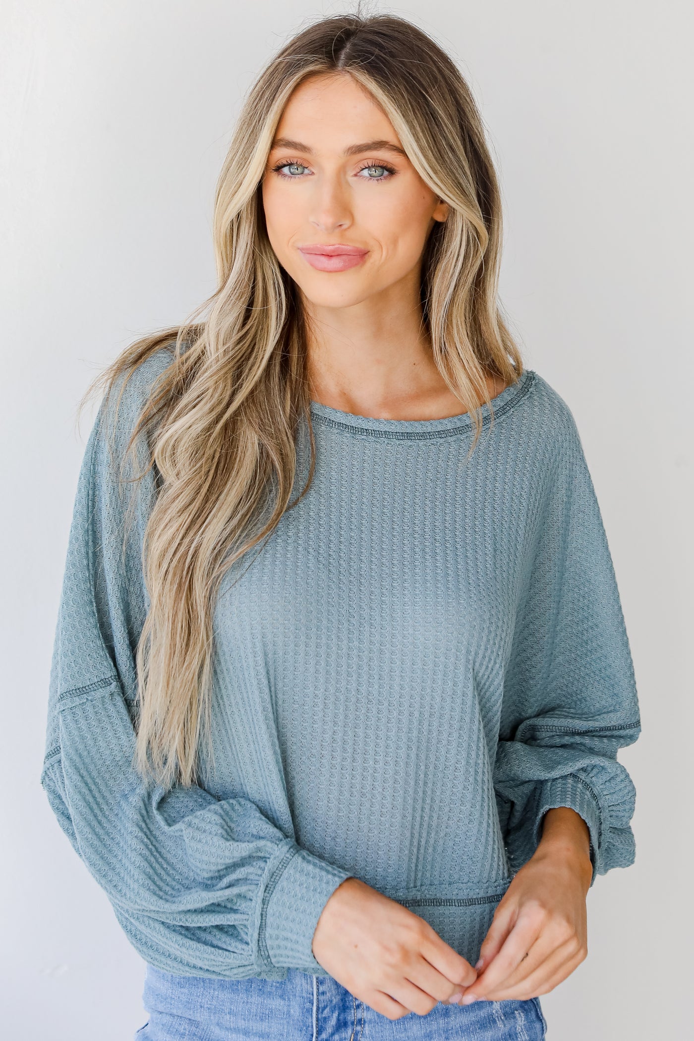 Waffle Knit Top in light blue front view
