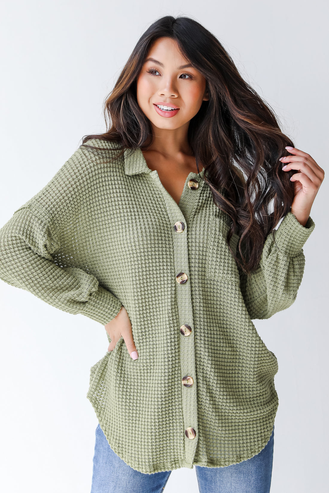 green waffle knit top