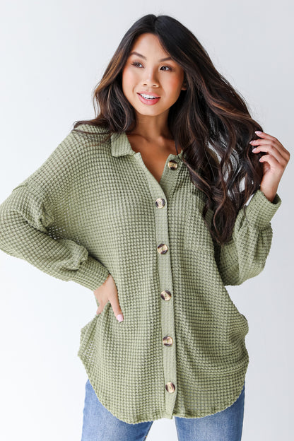 green waffle knit top