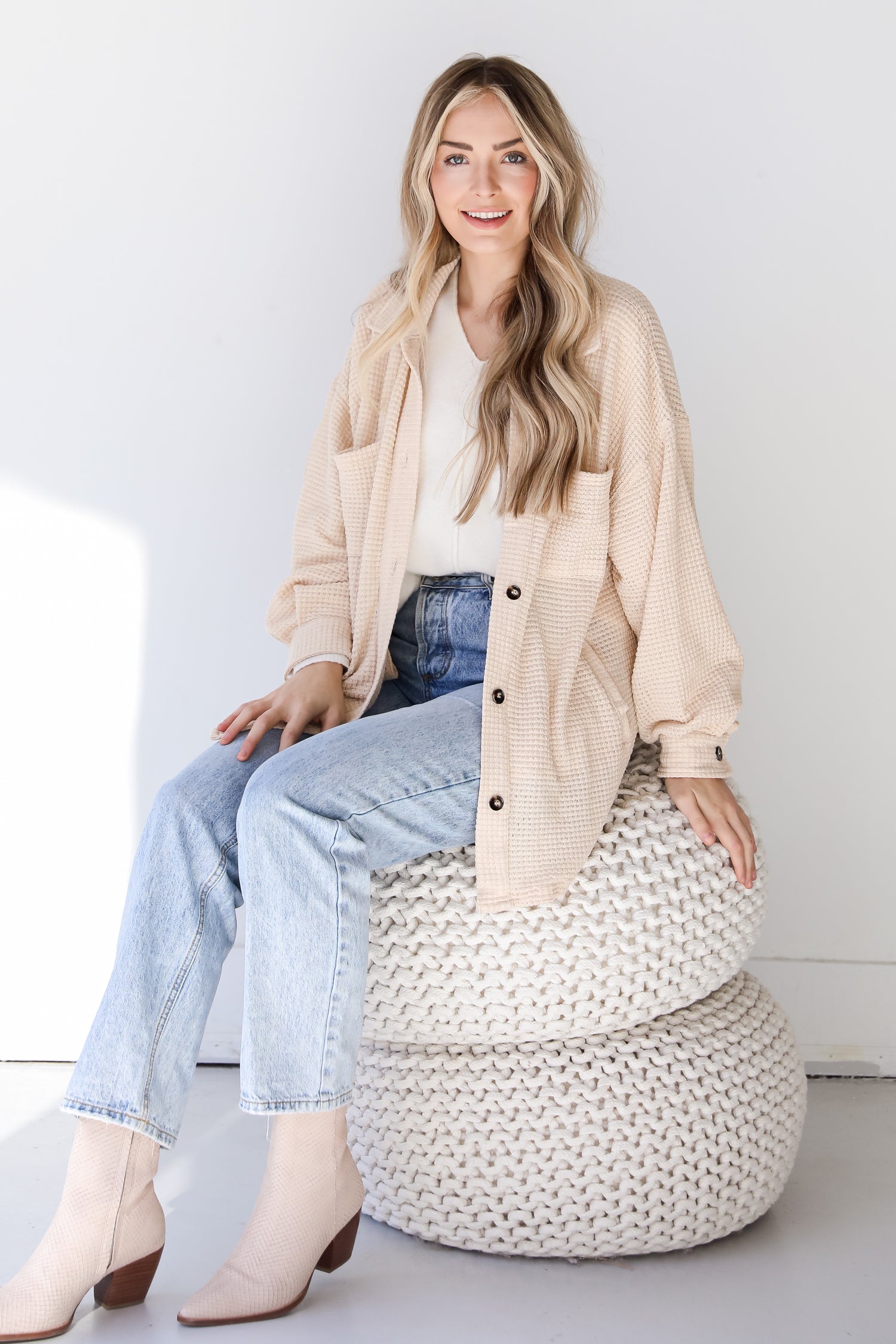 Waffle Knit Shacket on model