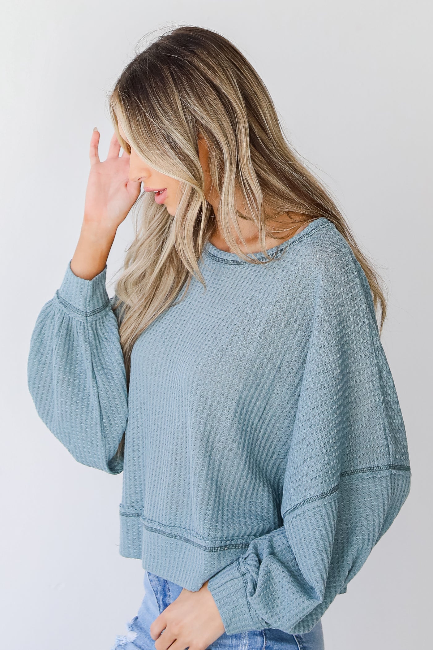 Waffle Knit Top in light blue side view