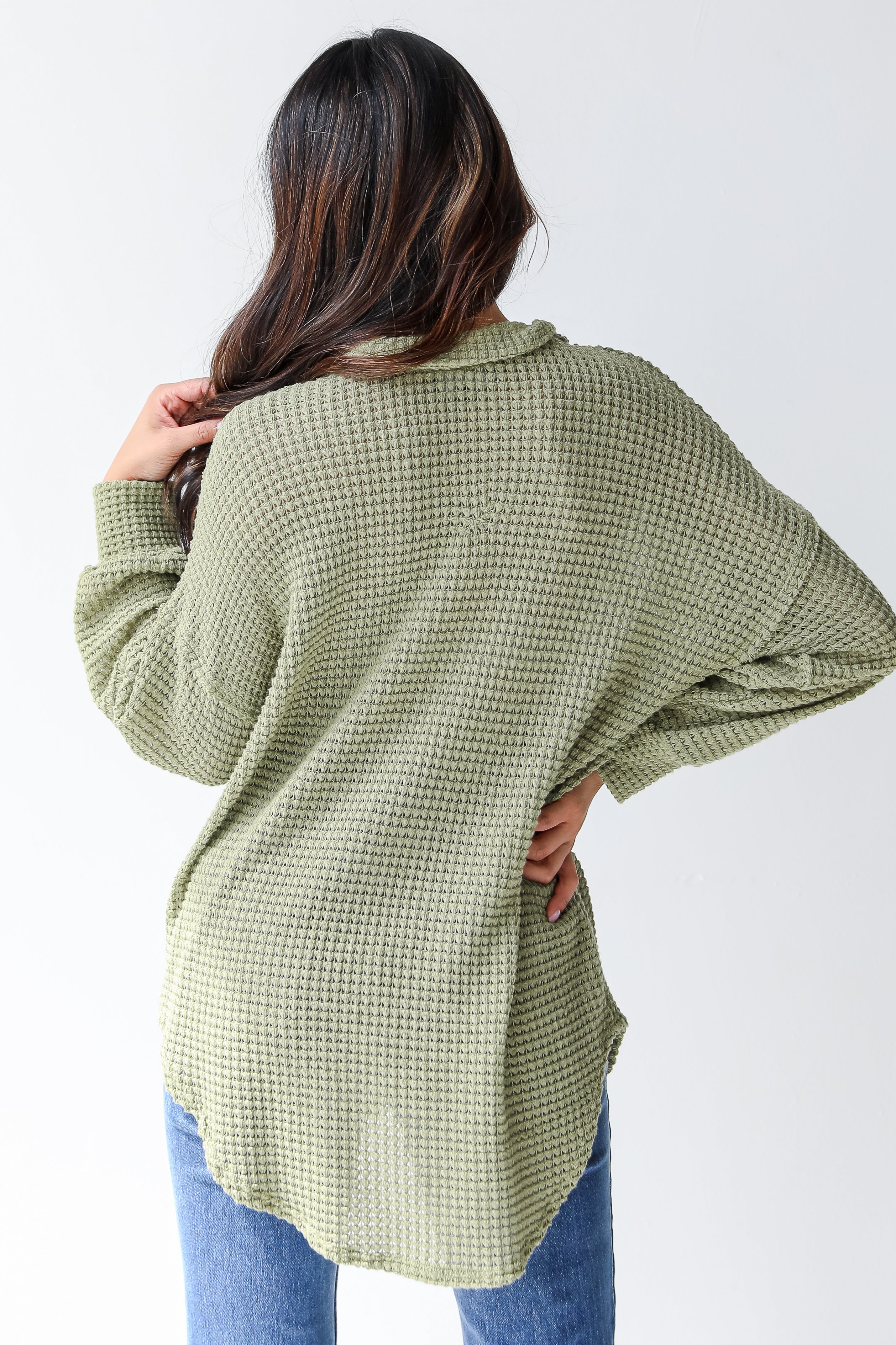 green waffle knit top back view