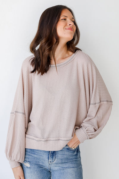 Waffle Knit Top in mocha front view