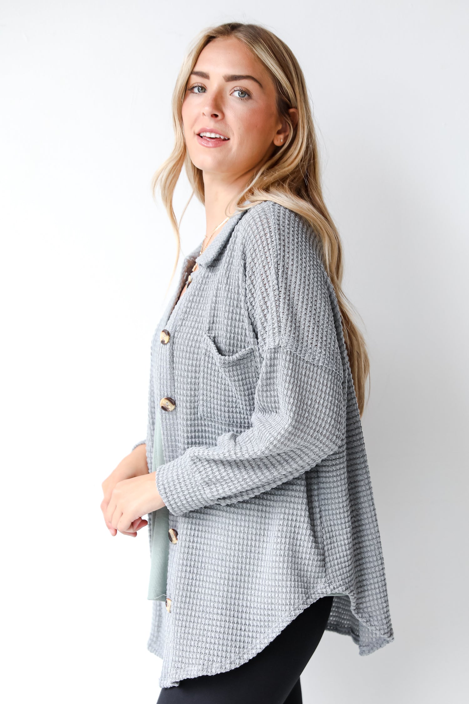grey waffle knit top side view