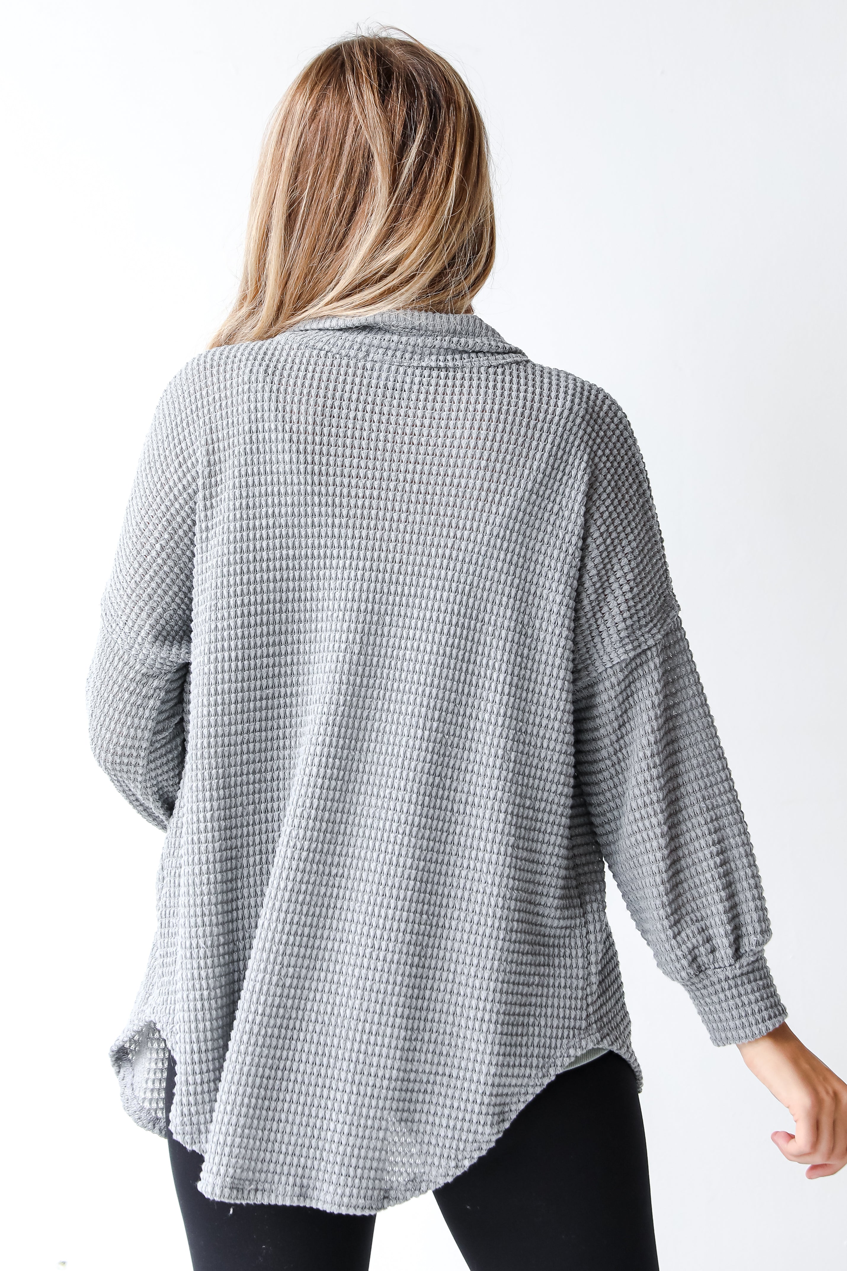 grey waffle knit top back view