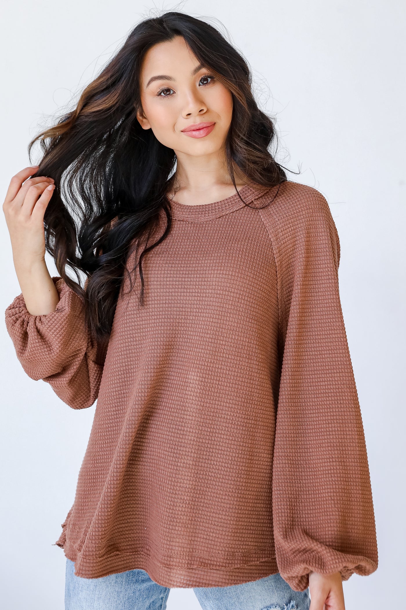 Waffle Knit Top in mocha front view