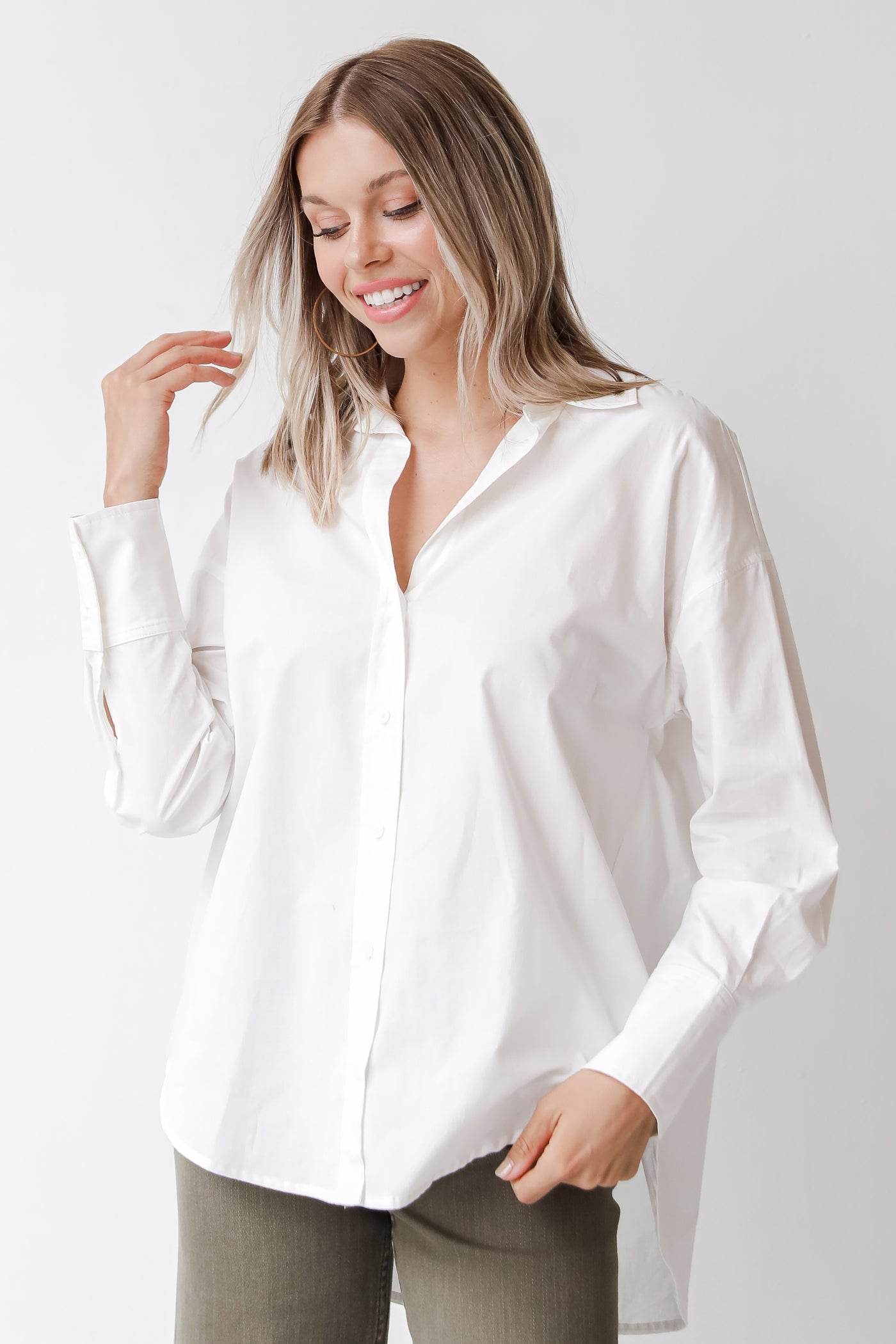 womens white button up blouse front view
