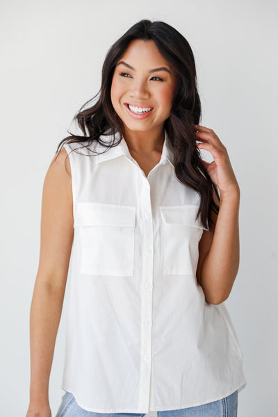 white Collared Button-Up Tank on model