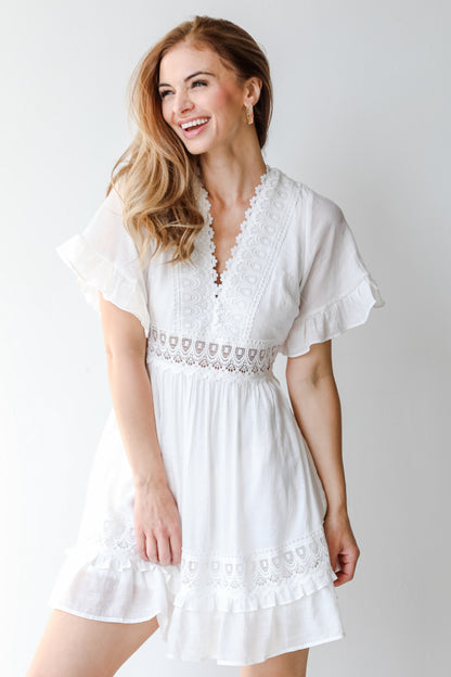 Crochet Lace Mini Dress on model