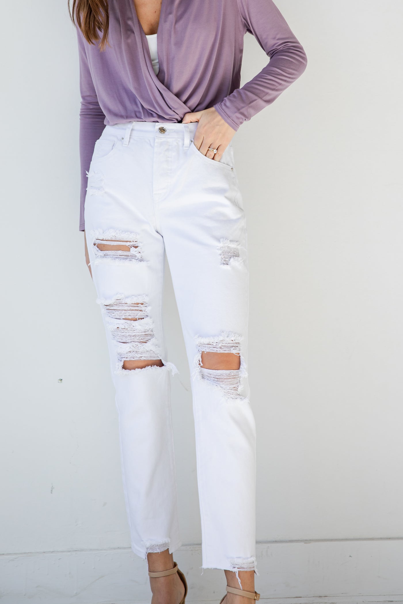 White Distressed Straight Leg Jeans front view
