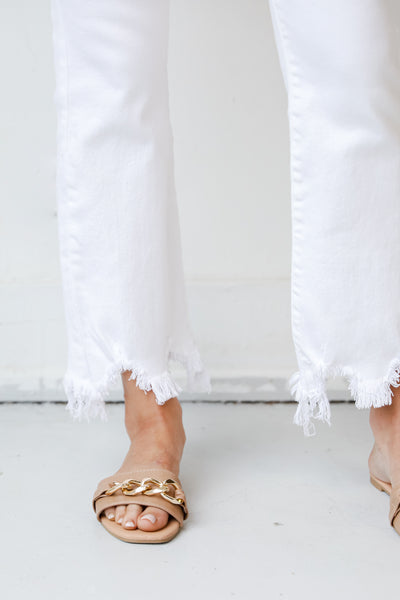 White Distressed Cropped Flare Jeans close up